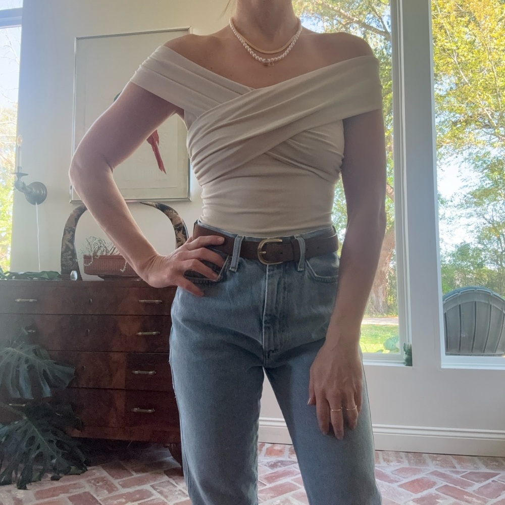 OGL Neutral Cream Cross-Front Off-Shoulder Top with full shelf bra